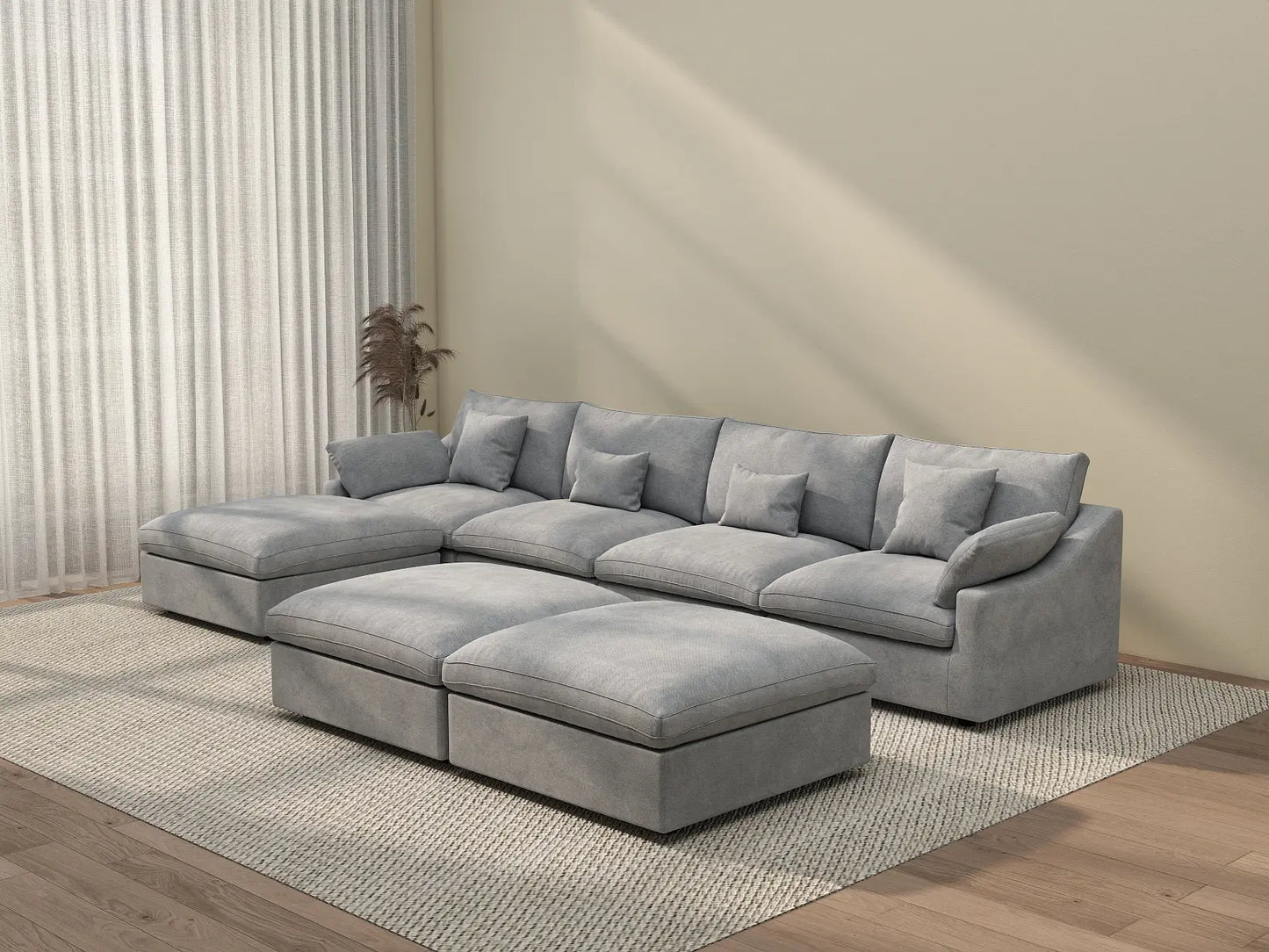 Deluxe Cloud 4-Seater Light Grey Large Space Pit Sectional | 7-Piece (Includes 3 Ottomans), Chenille And Linen Fabric, Easy To Clean