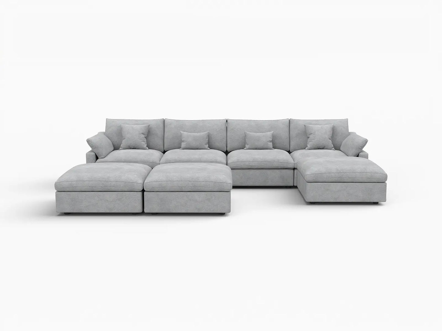Deluxe Cloud 4-Seater Light Grey Large Space Pit Sectional | 7-Piece (Includes 3 Ottomans), Chenille And Linen Fabric, Easy To Clean