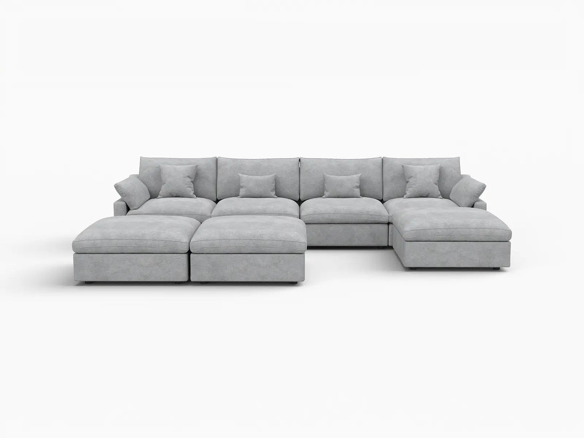 Deluxe Cloud 4-Seater Light Grey Large Space Pit Sectional | 7-Piece (Includes 3 Ottomans), Chenille And Linen Fabric, Easy To Clean