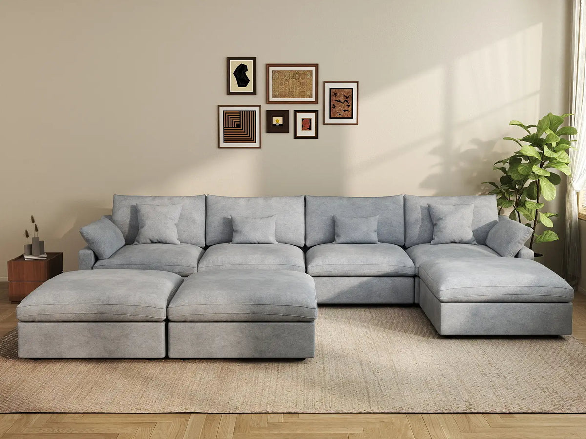 Deluxe Cloud 4-Seater Light Grey Large Space Pit Sectional | 7-Piece (Includes 3 Ottomans), Chenille And Linen Fabric, Easy To Clean