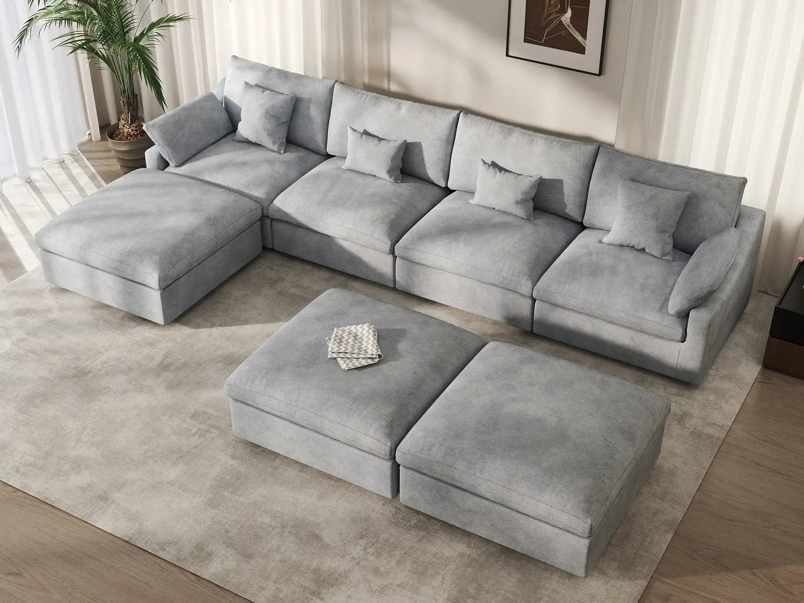 Deluxe Cloud 4-Seater Light Grey Large Space Pit Sectional | 7-Piece (Includes 3 Ottomans), Chenille And Linen Fabric, Easy To Clean