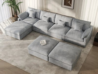 Deluxe Cloud 4-Seater Light Grey Large Space Pit Sectional | 7-Piece (Includes 3 Ottomans), Chenille And Linen Fabric, Easy To Clean