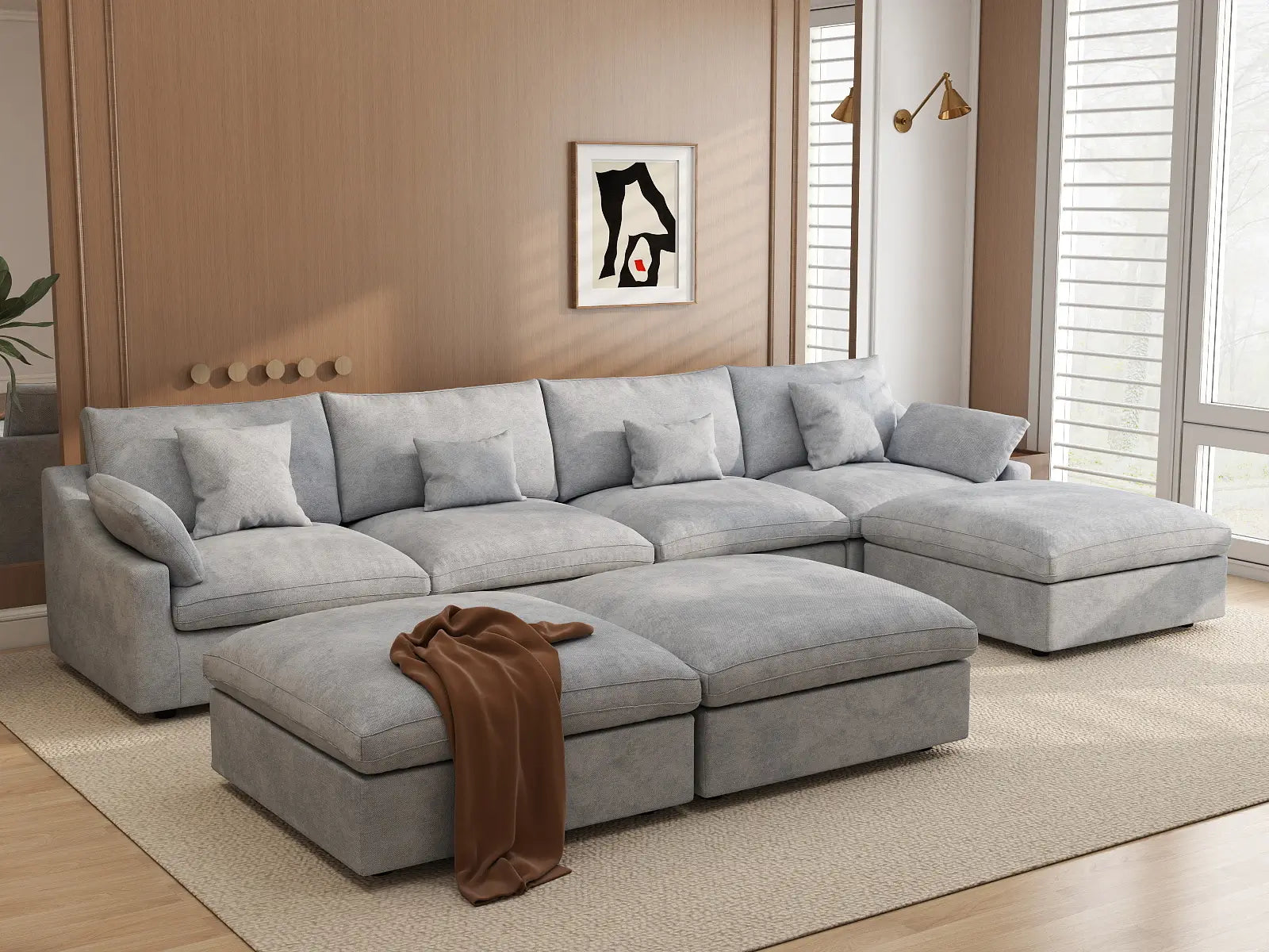 Deluxe Cloud 4-Seater Light Grey Large Space Pit Sectional | 7-Piece (Includes 3 Ottomans), Chenille And Linen Fabric, Easy To Clean