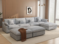 Deluxe Cloud 4-Seater Light Grey Large Space Pit Sectional | 7-Piece (Includes 3 Ottomans), Chenille And Linen Fabric, Easy To Clean