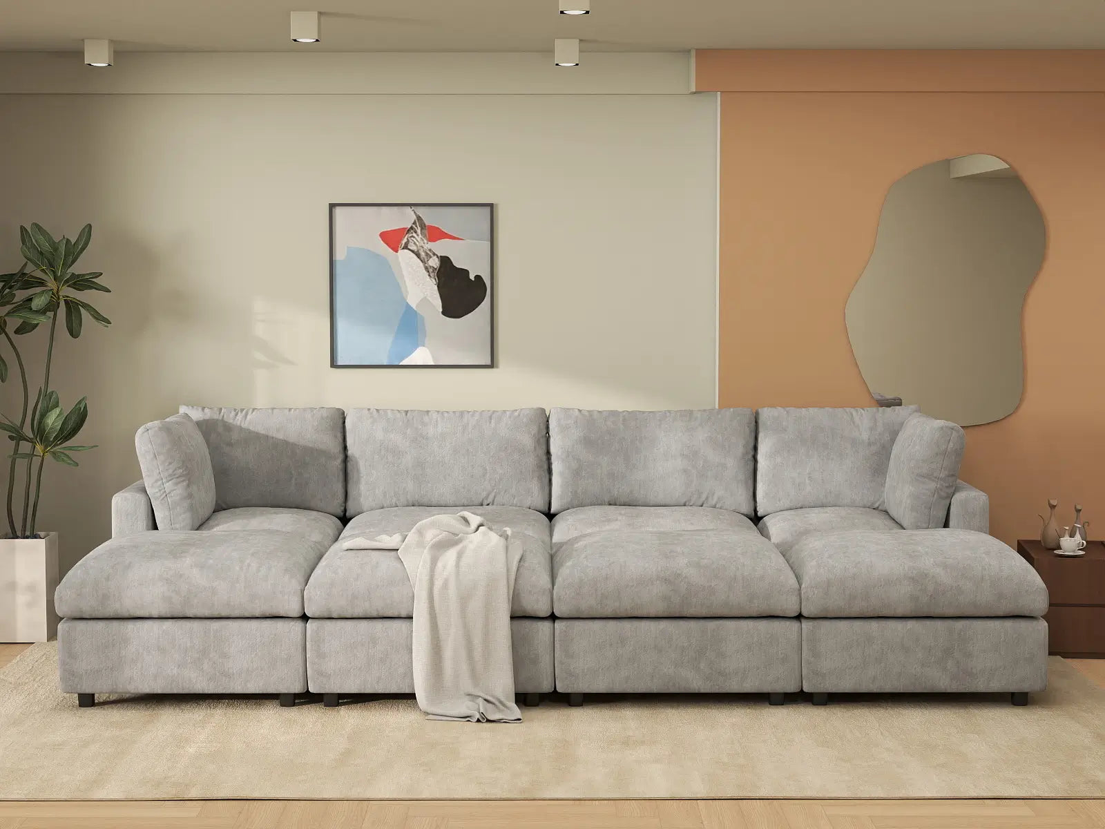 Seccional en L Deluxe Cloud de 4 plazas gris claro | 8 piezas (incluye 4 otomanas), tela de chenilla con mezcla de lino, fundas de cojín lavables