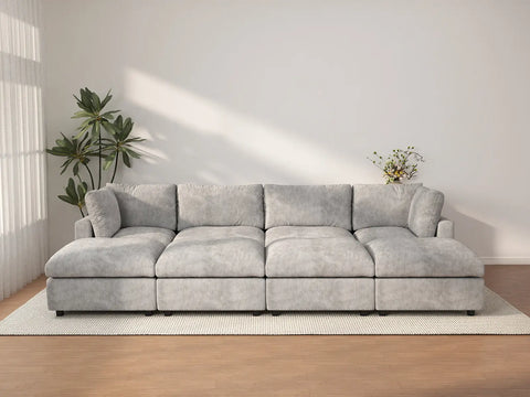 Seccional en L Deluxe Cloud de 4 plazas gris claro | 8 piezas (incluye 4 otomanas), tela de chenilla con mezcla de lino, fundas de cojín lavables