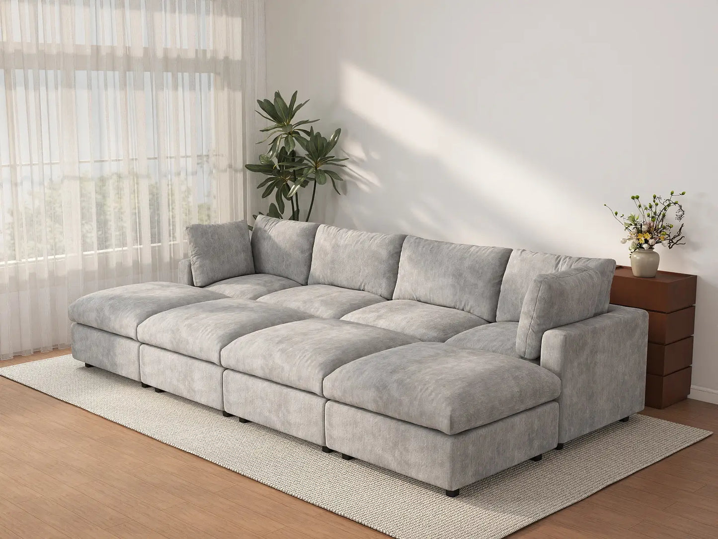 Seccional en L Deluxe Cloud de 4 plazas gris claro | 8 piezas (incluye 4 otomanas), tela de chenilla con mezcla de lino, fundas de cojín lavables