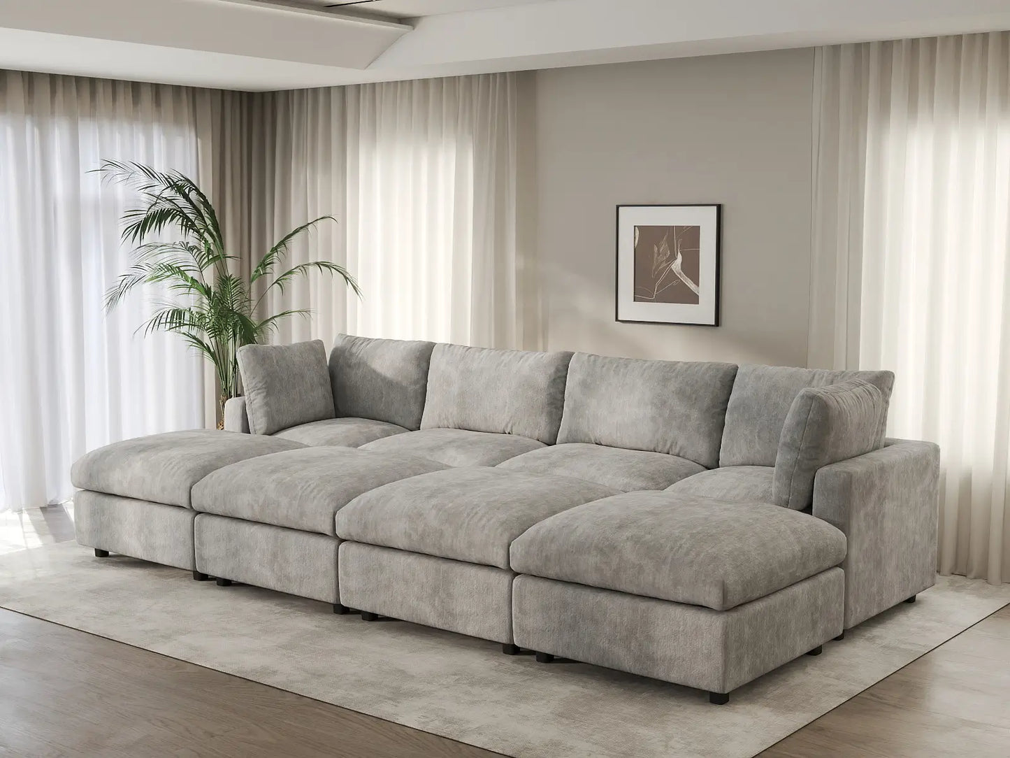Seccional en L Deluxe Cloud de 4 plazas gris claro | 8 piezas (incluye 4 otomanas), tela de chenilla con mezcla de lino, fundas de cojín lavables