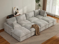 Seccional en L Deluxe Cloud de 4 plazas gris claro | 8 piezas (incluye 4 otomanas), tela de chenilla con mezcla de lino, fundas de cojín lavables