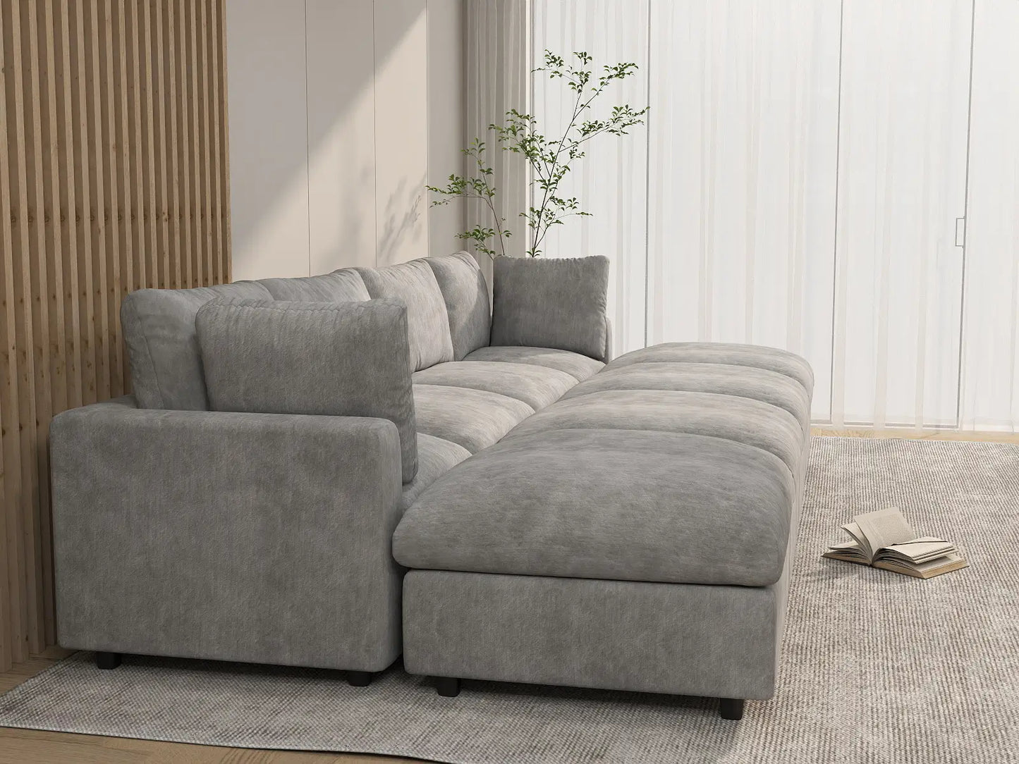 Seccional en L Deluxe Cloud de 4 plazas gris claro | 8 piezas (incluye 4 otomanas), tela de chenilla con mezcla de lino, fundas de cojín lavables