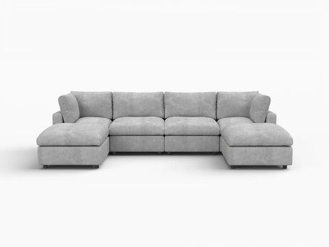 Lounge Cloud Sectional Sofa Covers | Light Grey Linen-Blend Chenille Sofa Cover for 4-Seater with 2-Ottomans