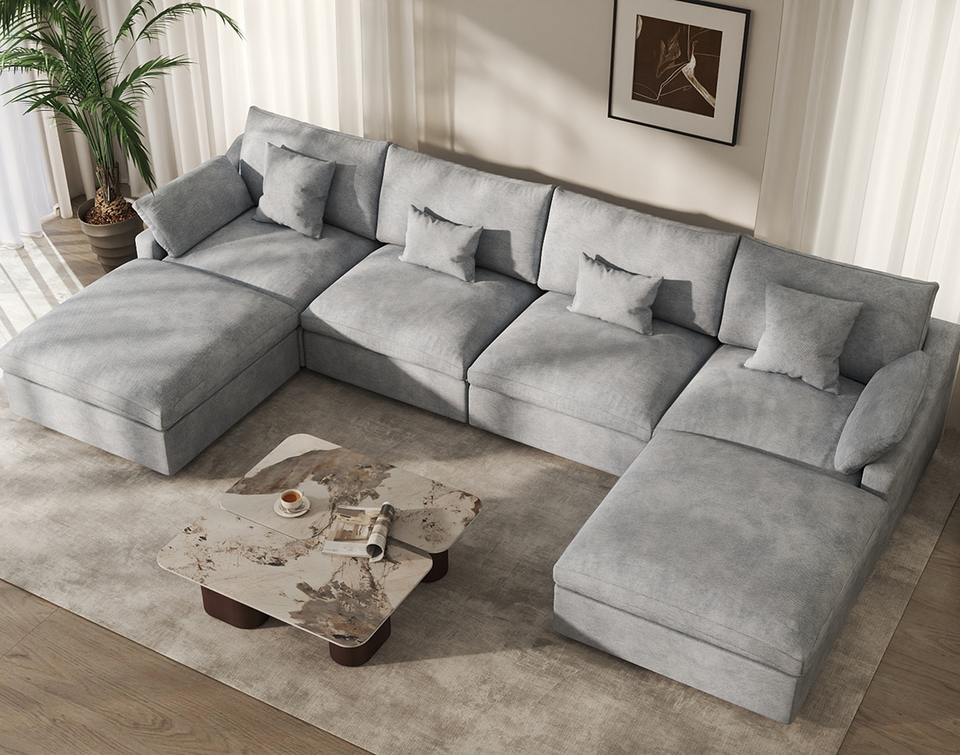 Deluxe Cloud 4-Seater Light-Grey Washable U-Shaped Sectional | 6-Piece (includes 2 Ottomans), Chenille and Linen Fabric, Modular Design