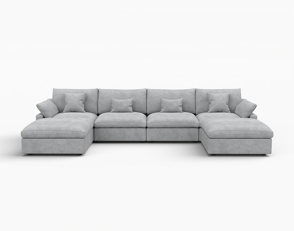Deluxe Cloud 4-Seater Light-Grey Washable U-Shaped Sectional | 6-Piece (includes 2 Ottomans), Chenille and Linen Fabric, Modular Design