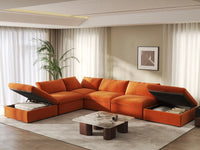 Deluxe Cloud 4-Seater Orange Sofa Set | 6-Piece (Includes 2 Ottomans), Velvet Fabric, Washable Cushion Covers