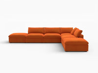 Deluxe Cloud 4-Seater Orange Sofa Set | 6-Piece (Includes 2 Ottomans), Velvet Fabric, Washable Cushion Covers