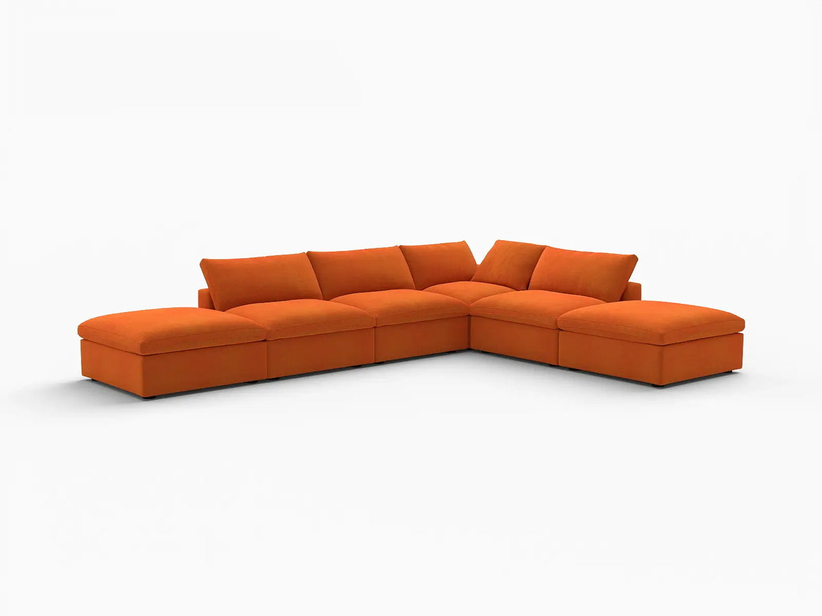 Deluxe Cloud 4-Seater Orange Sofa Set | 6-Piece (Includes 2 Ottomans), Velvet Fabric, Washable Cushion Covers