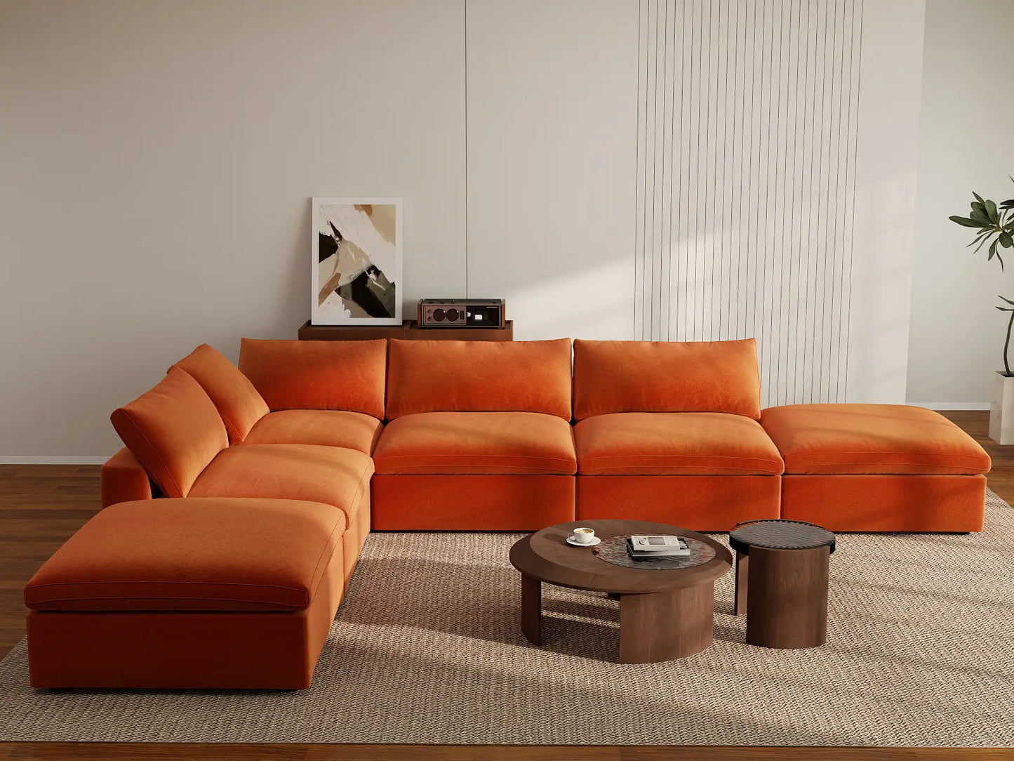Deluxe Cloud 4-Seater Orange Sofa Set | 6-Piece (Includes 2 Ottomans), Velvet Fabric, Washable Cushion Covers