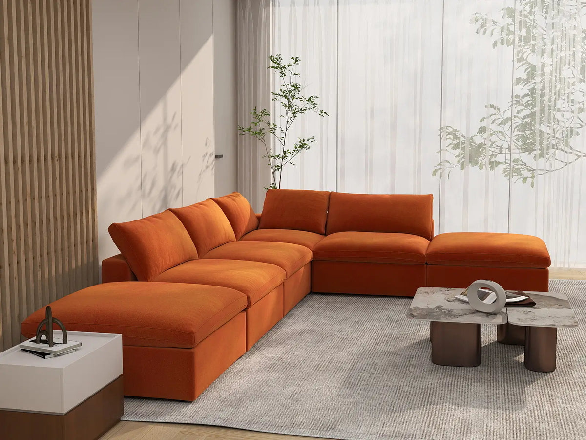Deluxe Cloud 4-Seater Orange Sofa Set | 6-Piece (Includes 2 Ottomans), Velvet Fabric, Washable Cushion Covers