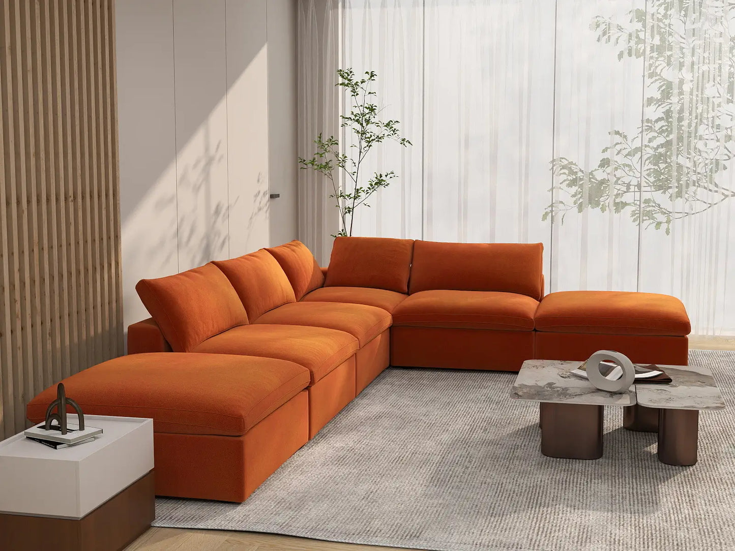 Deluxe Cloud 4-Seater Orange Sofa Set | 6-Piece (Includes 2 Ottomans), Velvet Fabric, Washable Cushion Covers