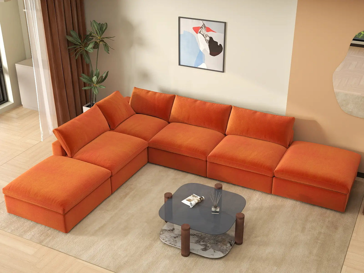 Deluxe Cloud 4-Seater Orange Sofa Set | 6-Piece (Includes 2 Ottomans), Velvet Fabric, Washable Cushion Covers