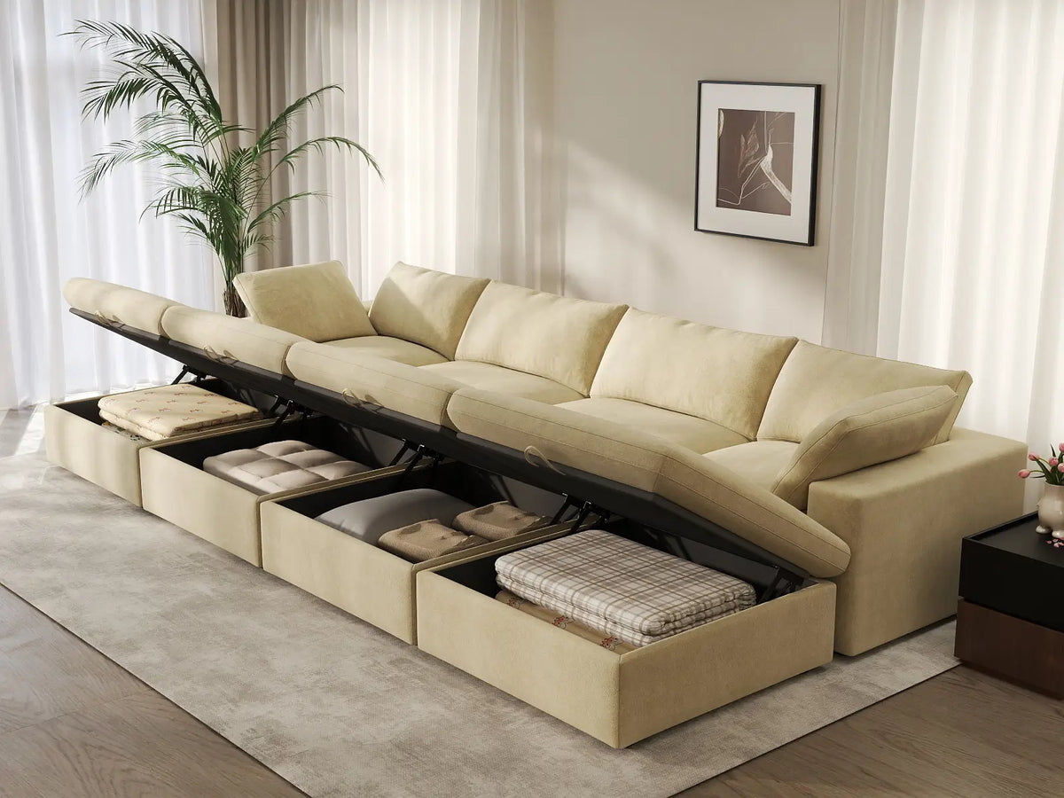 Deluxe Cloud 4-Seater Pit Sectional in Beige Velvet | 8-Piece (Includes 4 Ottomans), Family Room Seating, Easy To Clean, Stylish Design