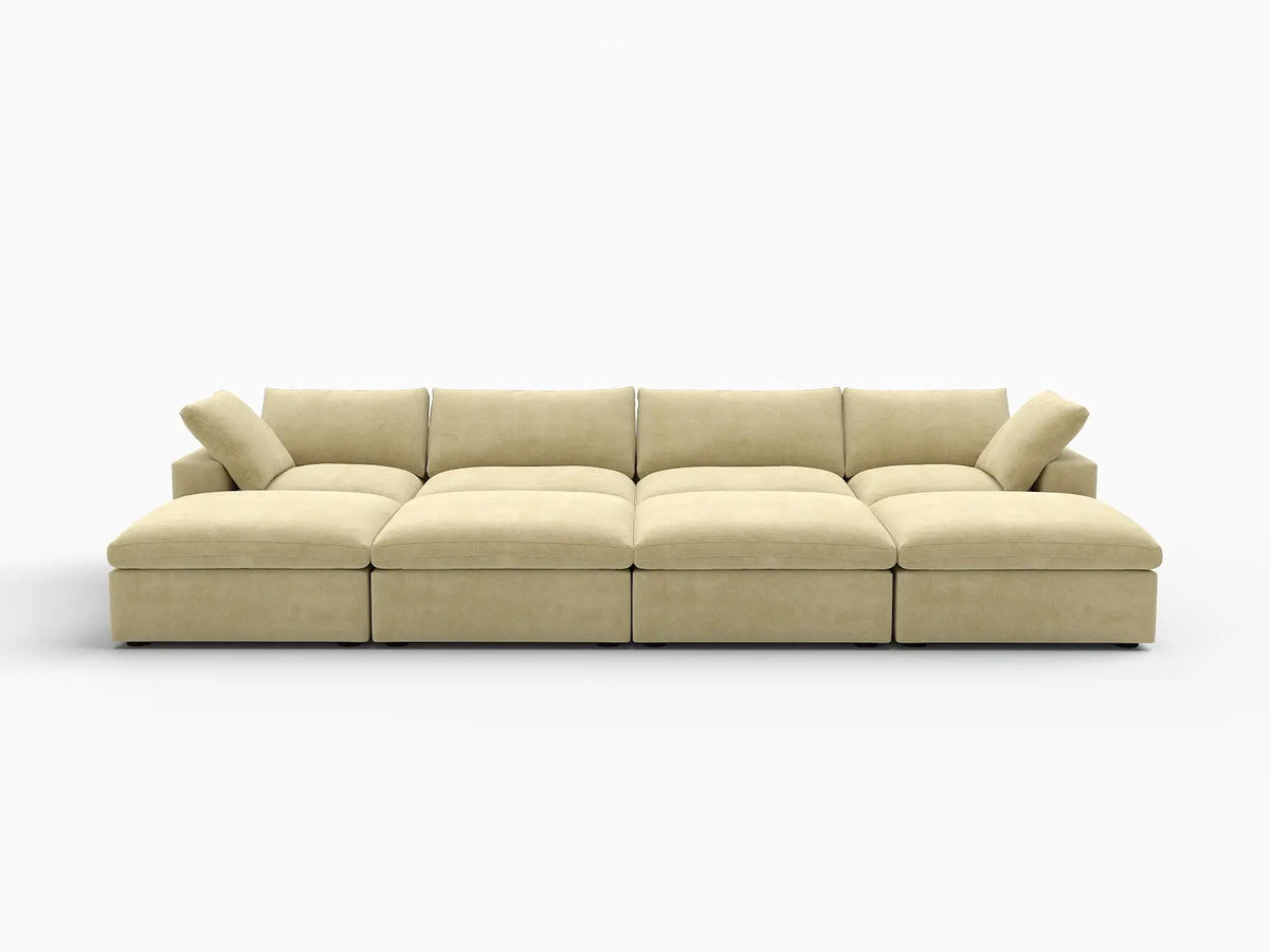 Deluxe Cloud 4-Seater Pit Sectional in Beige Velvet | 8-Piece (Includes 4 Ottomans), Family Room Seating, Easy To Clean, Stylish Design