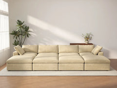 Deluxe Cloud 4-Seater Pit Sectional in Beige Velvet | 8-Piece (Includes 4 Ottomans), Family Room Seating, Easy To Clean, Stylish Design