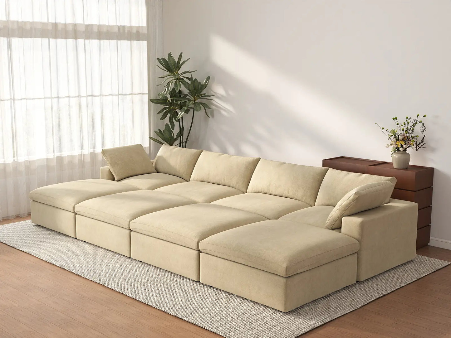 Deluxe Cloud 4-Seater Pit Sectional in Beige Velvet | 8-Piece (Includes 4 Ottomans), Family Room Seating, Easy To Clean, Stylish Design