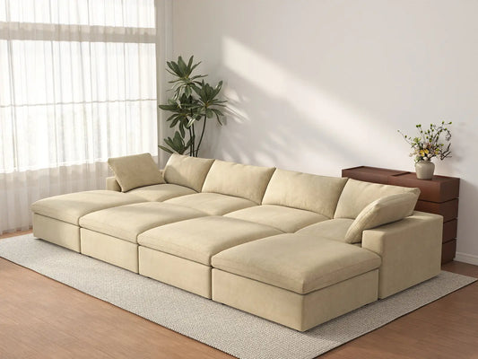Deluxe Cloud 4-Seater Pit Sectional in Beige Velvet | 8-Piece (Includes 4 Ottomans), Family Room Seating, Easy To Clean, Stylish Design