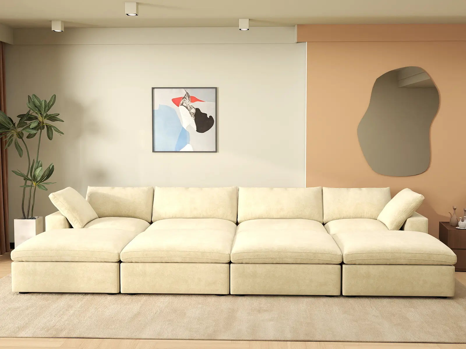 Deluxe Cloud 4-Seater Pit Sectional in Beige Velvet | 8-Piece (Includes 4 Ottomans), Family Room Seating, Easy To Clean, Stylish Design