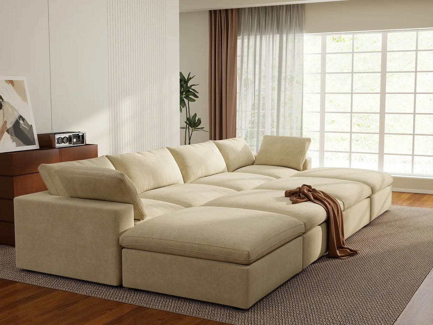 Deluxe Cloud 4-Seater Pit Sectional in Beige Velvet | 8-Piece (Includes 4 Ottomans), Family Room Seating, Easy To Clean, Stylish Design