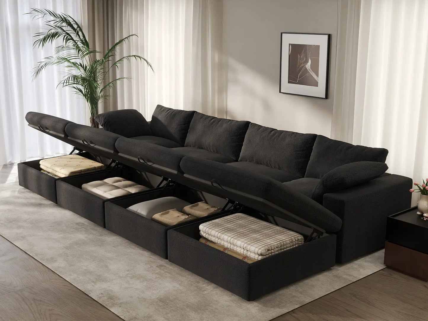 Deluxe Cloud 4-Seater Pit Sectional in Black Cotton And Linen | 8-Piece (Includes 4 Ottomans), Family Room Seating, Easy To Clean, Contemporary Style