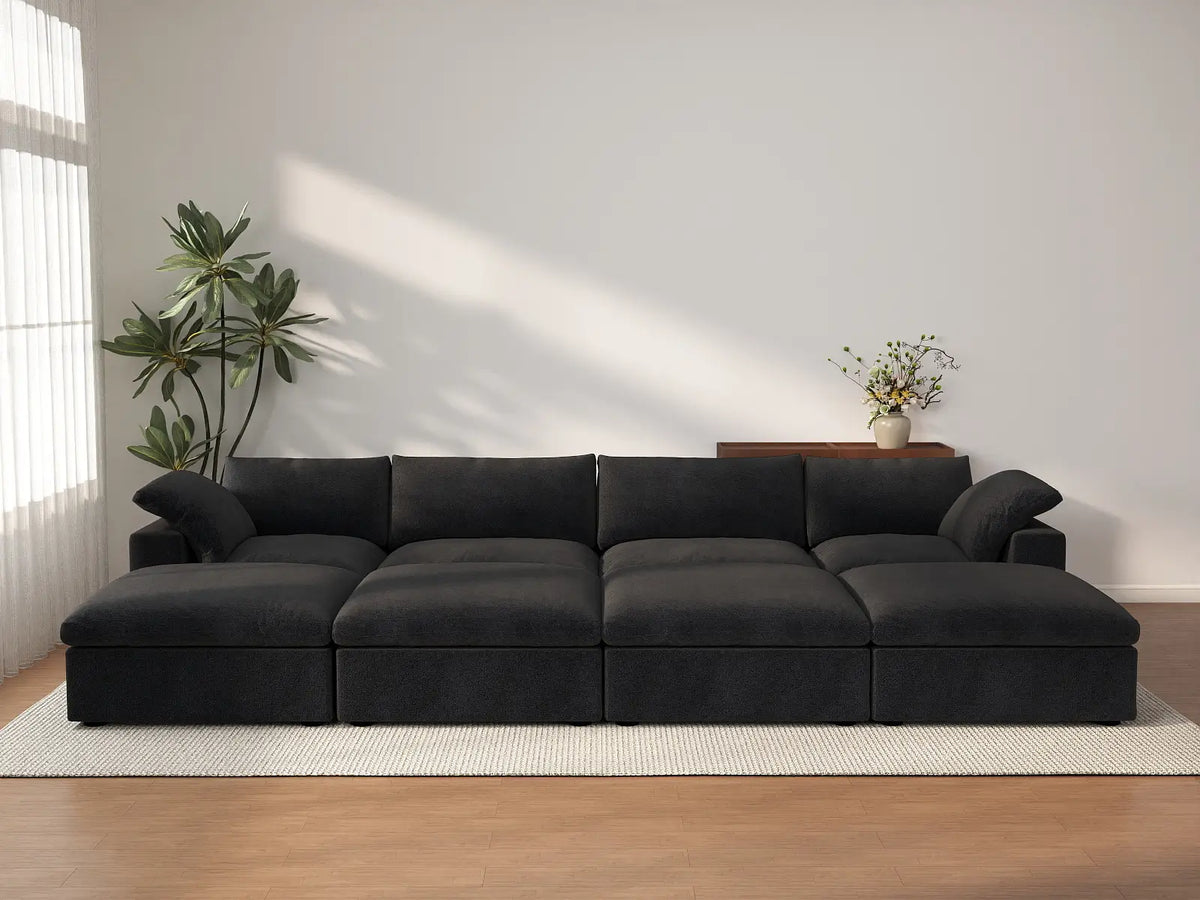 Deluxe Cloud 4-Seater Pit Sectional in Black Cotton And Linen | 8-Piece (Includes 4 Ottomans), Family Room Seating, Easy To Clean, Contemporary Style