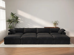 Deluxe Cloud 4-Seater Pit Sectional in Black Cotton And Linen | 8-Piece (Includes 4 Ottomans), Family Room Seating, Easy To Clean, Contemporary Style