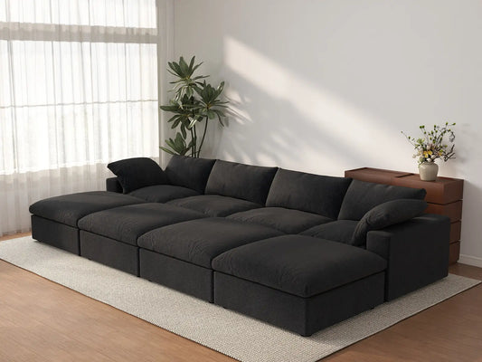 Deluxe Cloud 4-Seater Pit Sectional in Black Cotton And Linen | 8-Piece (Includes 4 Ottomans), Family Room Seating, Easy To Clean, Contemporary Style