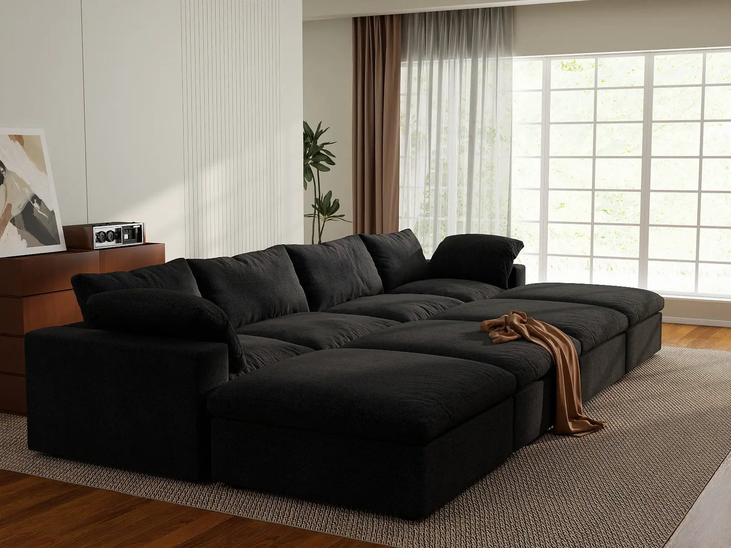 Deluxe Cloud 4-Seater Pit Sectional in Black Cotton And Linen | 8-Piece (Includes 4 Ottomans), Family Room Seating, Easy To Clean, Contemporary Style
