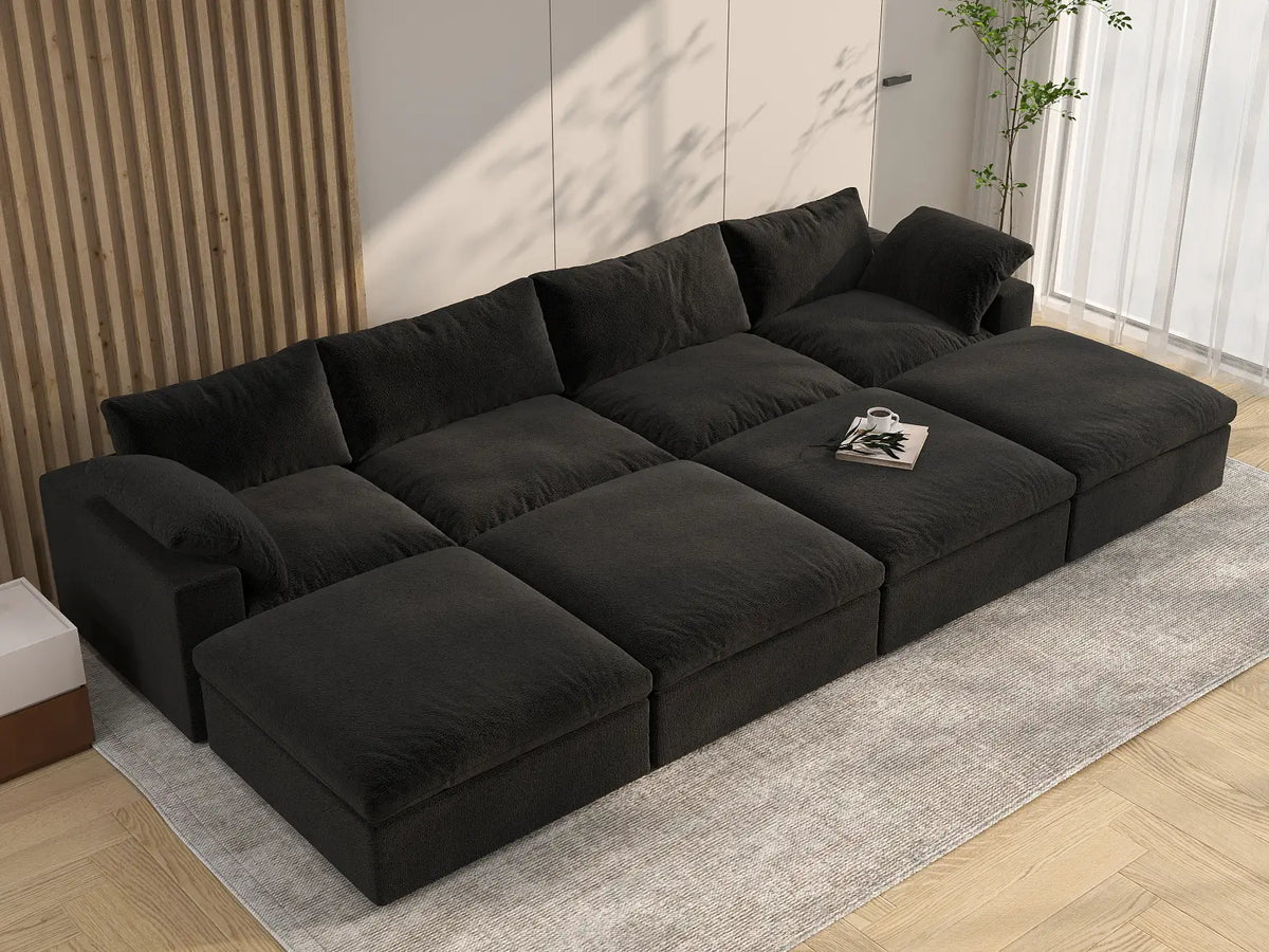 Deluxe Cloud 4-Seater Pit Sectional in Black Cotton And Linen | 8-Piece (Includes 4 Ottomans), Family Room Seating, Easy To Clean, Contemporary Style