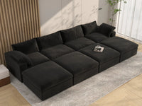 Deluxe Cloud 4-Seater Pit Sectional in Black Cotton And Linen | 8-Piece (Includes 4 Ottomans), Family Room Seating, Easy To Clean, Contemporary Style