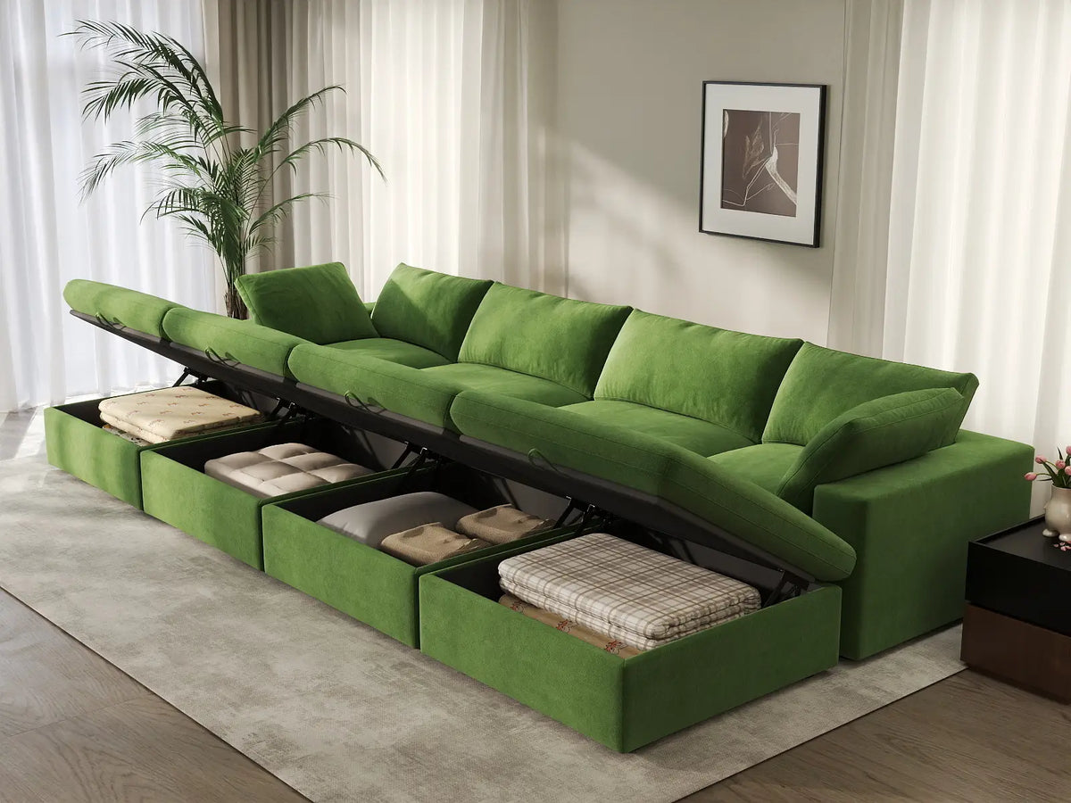 Deluxe Cloud 4-Seater Pit Sectional in Earth Green Velvet | 8-Piece (Includes 4 Ottomans), Family Room Seating, Easy To Clean, Modern Style