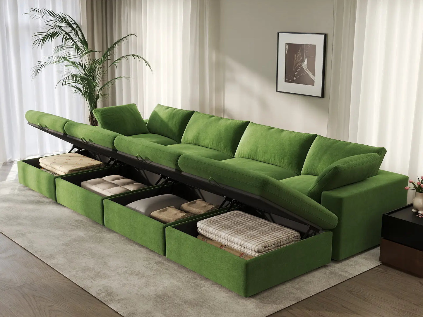 Deluxe Cloud 4-Seater Pit Sectional in Earth Green Velvet | 8-Piece (Includes 4 Ottomans), Family Room Seating, Easy To Clean, Modern Style