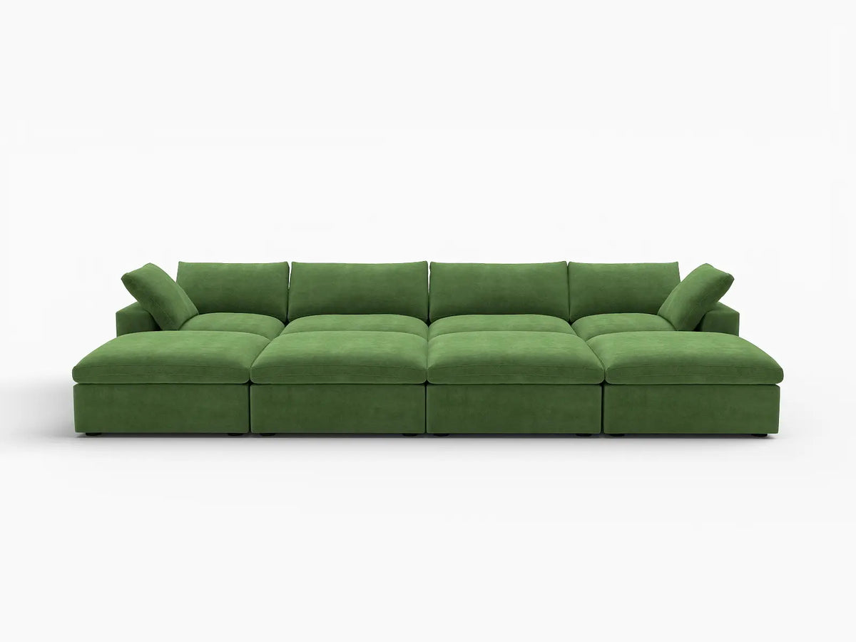 Deluxe Cloud 4-Seater Pit Sectional in Earth Green Velvet | 8-Piece (Includes 4 Ottomans), Family Room Seating, Easy To Clean, Modern Style