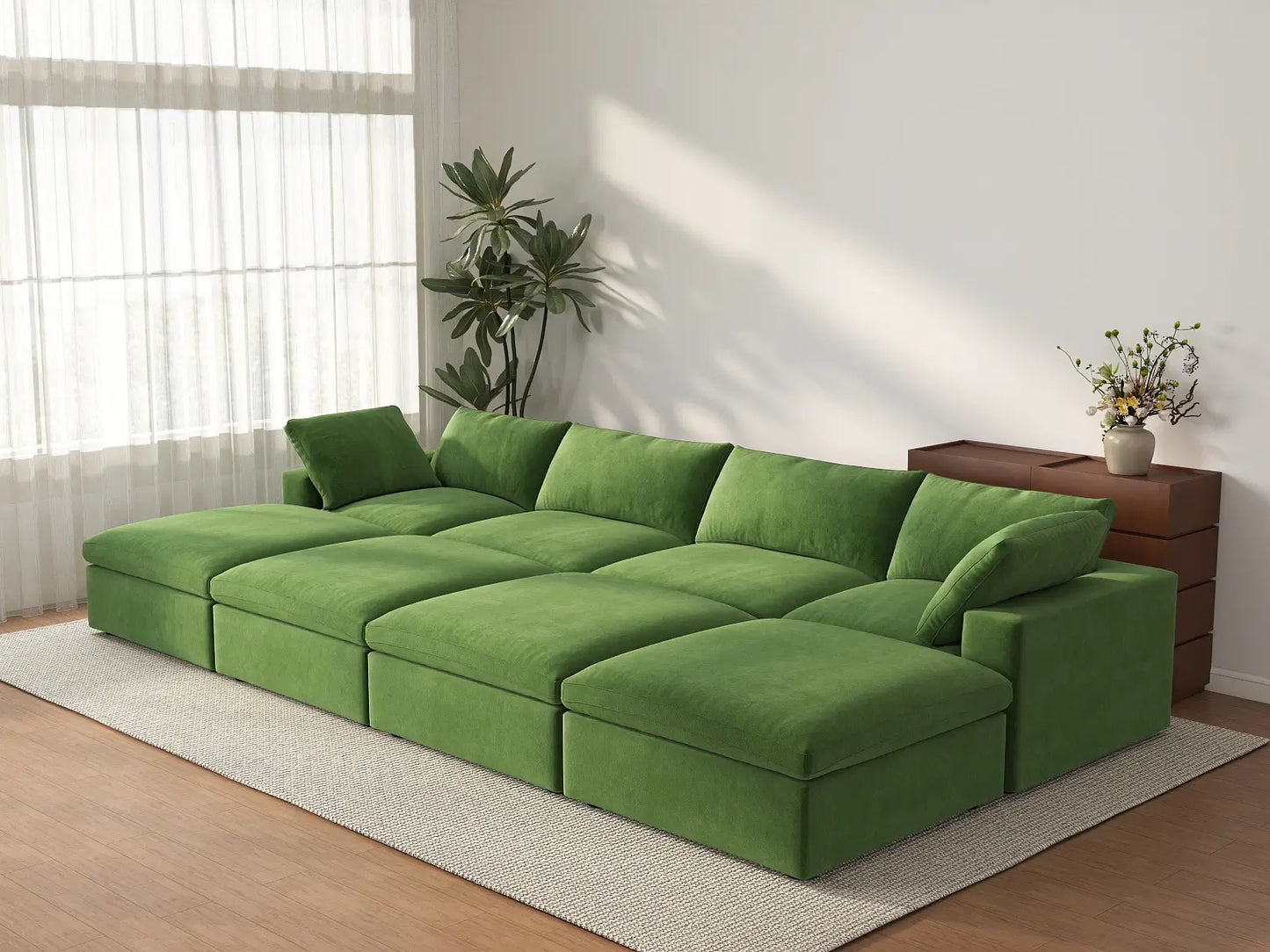 Deluxe Cloud 4-Seater Pit Sectional in Earth Green Velvet | 8-Piece (Includes 4 Ottomans), Family Room Seating, Easy To Clean, Modern Style