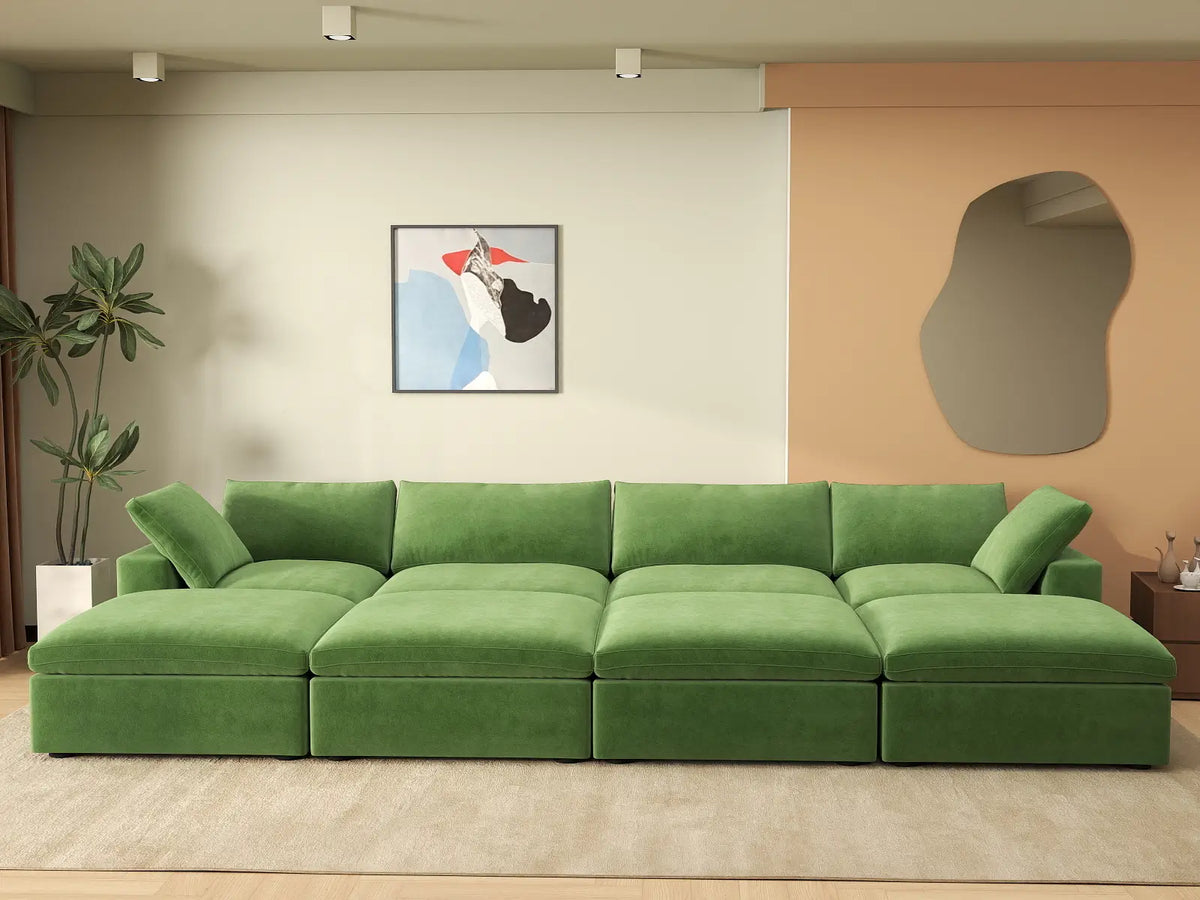 Deluxe Cloud 4-Seater Pit Sectional in Earth Green Velvet | 8-Piece (Includes 4 Ottomans), Family Room Seating, Easy To Clean, Modern Style