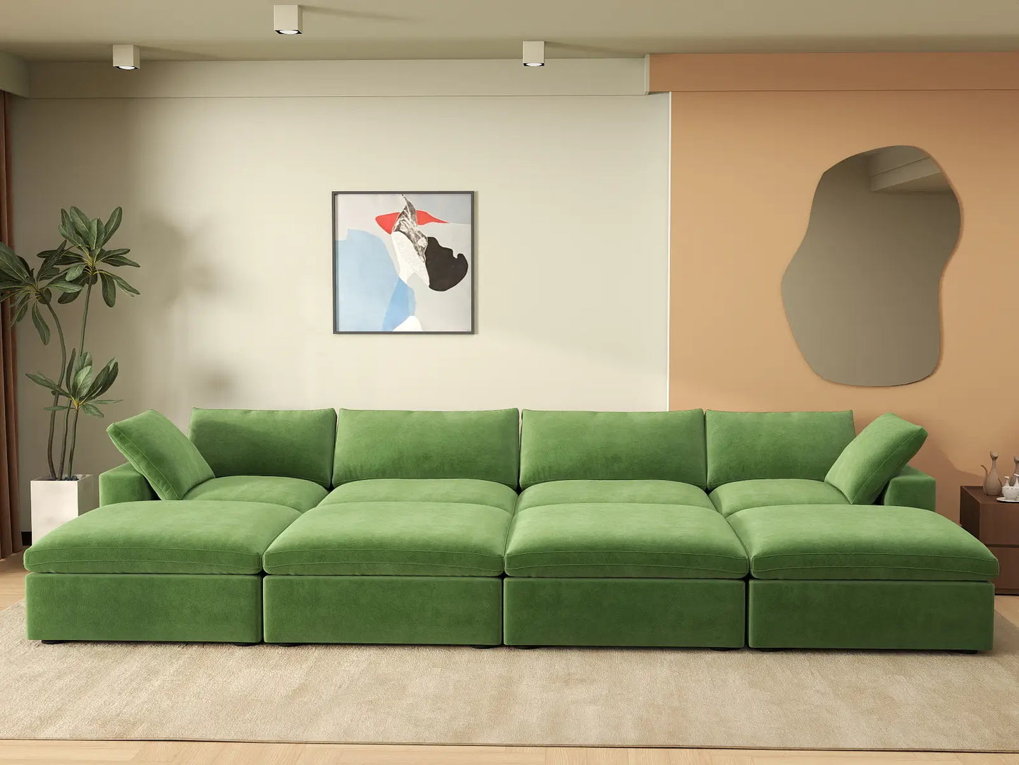 Deluxe Cloud 4-Seater Pit Sectional in Earth Green Velvet | 8-Piece (Includes 4 Ottomans), Family Room Seating, Easy To Clean, Modern Style