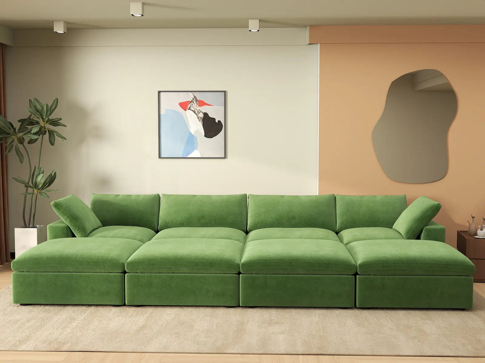 Deluxe Cloud 4-Seater Pit Sectional in Earth Green Velvet | 8-Piece (Includes 4 Ottomans), Family Room Seating, Easy To Clean, Modern Style