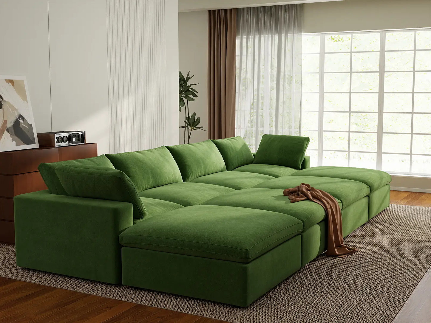 Deluxe Cloud 4-Seater Pit Sectional in Earth Green Velvet | 8-Piece (Includes 4 Ottomans), Family Room Seating, Easy To Clean, Modern Style
