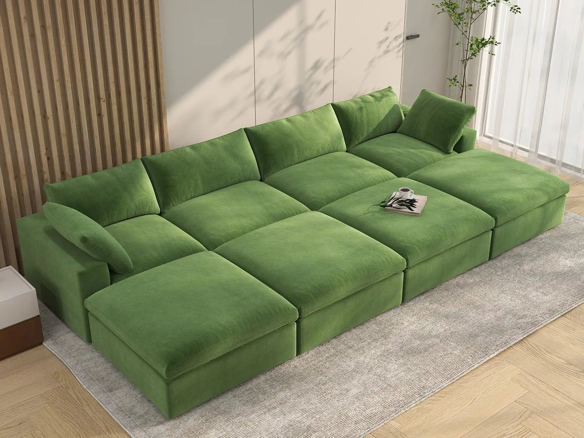 Deluxe Cloud 4-Seater Pit Sectional in Earth Green Velvet | 8-Piece (Includes 4 Ottomans), Family Room Seating, Easy To Clean, Modern Style