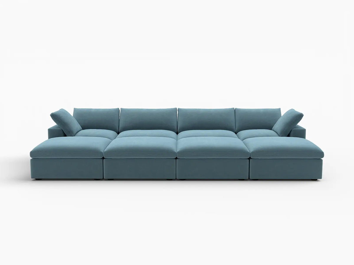 Deluxe Cloud 4-Seater Pit Sectional in Light Blue Velvet | 8-Piece (Includes 4 Ottomans), Family Room Seating, Easy To Clean, Open Space