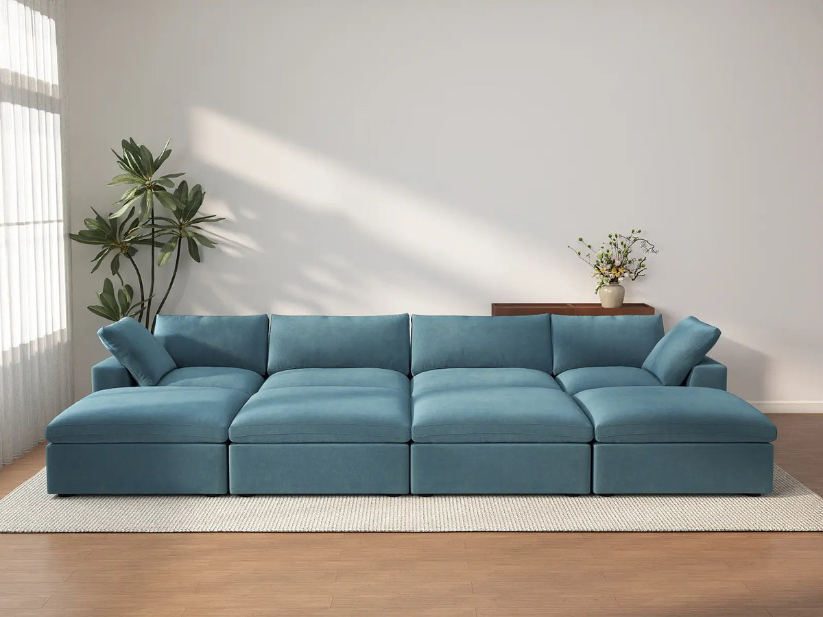 Deluxe Cloud 4-Seater Pit Sectional in Light Blue Velvet | 8-Piece (Includes 4 Ottomans), Family Room Seating, Easy To Clean, Open Space