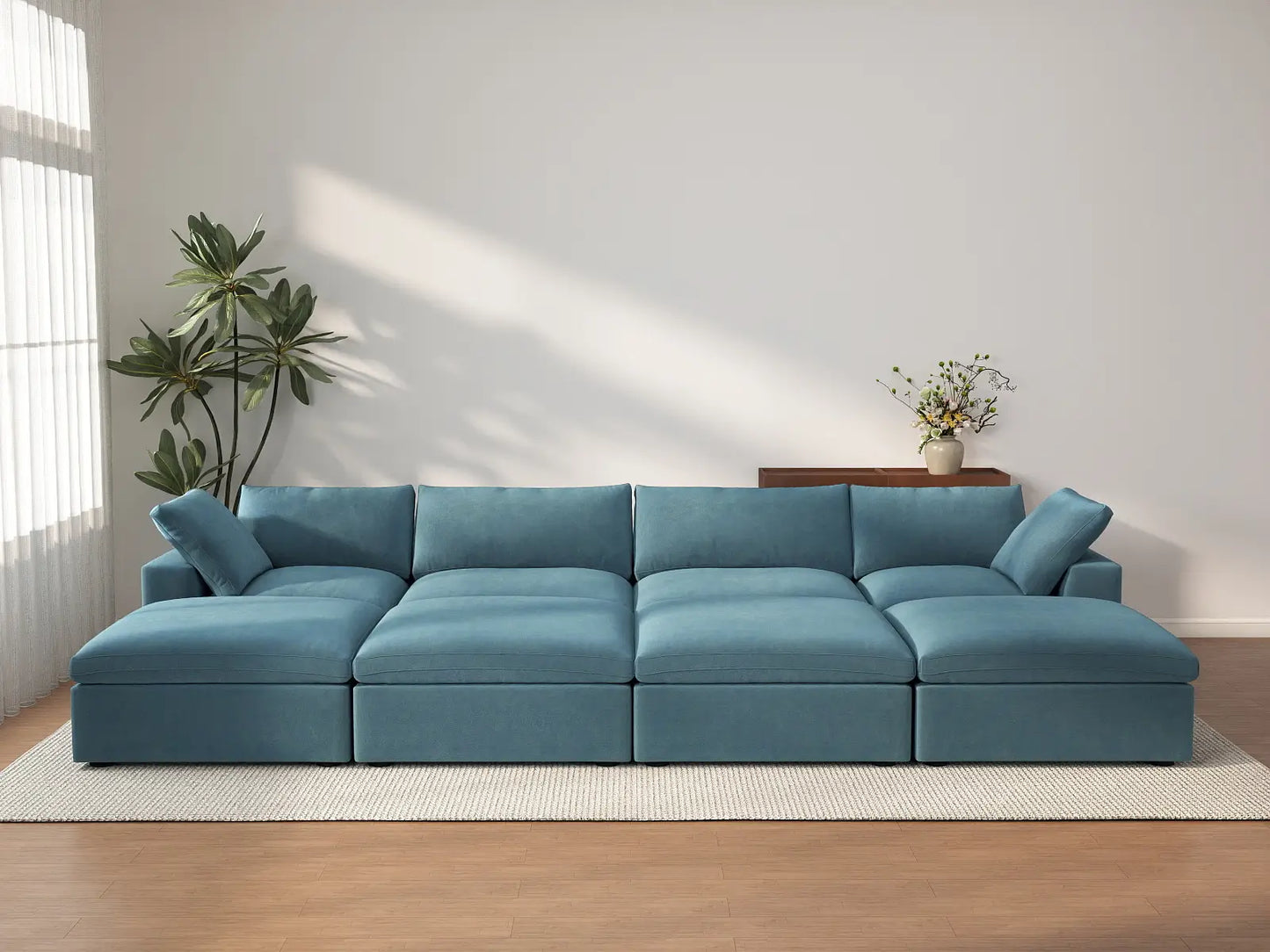 Deluxe Cloud 4-Seater Pit Sectional in Light Blue Velvet | 8-Piece (Includes 4 Ottomans), Family Room Seating, Easy To Clean, Open Space